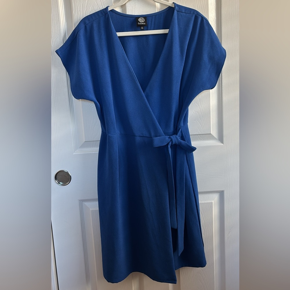 Short Sleeved Royal Blue Wrap Dress - Size S